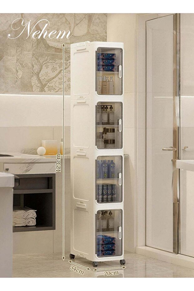 4-Tier Narrow Storage Cabinet with Movable Wheels, Plastic, Adjustable Shelves, Anti-Tip