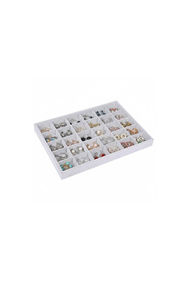 24 Compartment Suede Jewelry Display Box, Gray Color