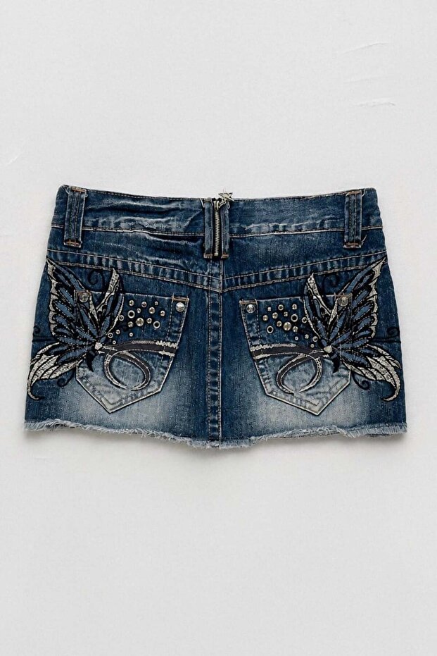 Blue Butterfly Embroidered Harajukuy2K Denim Skirt