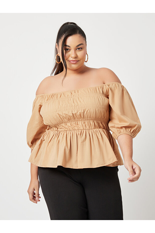 Plus Short Sleeves Off Shoulder Smocked Detail Top