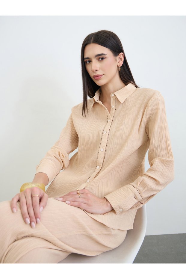 Beige Textured Cotton Shirt and Pants Co-Ord Set