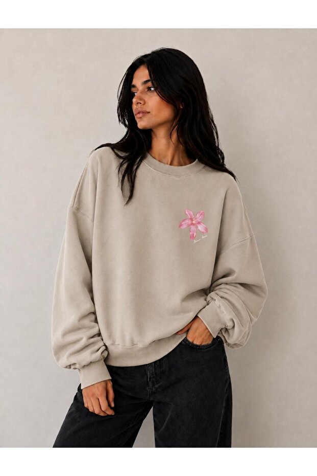 Women's Pink Floral Printed Crew Neck Sweatshirt