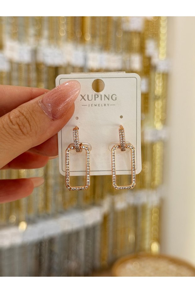Xuping Non-Fade Rose Gold Zircon Stone Rectangular Hanging Earrings