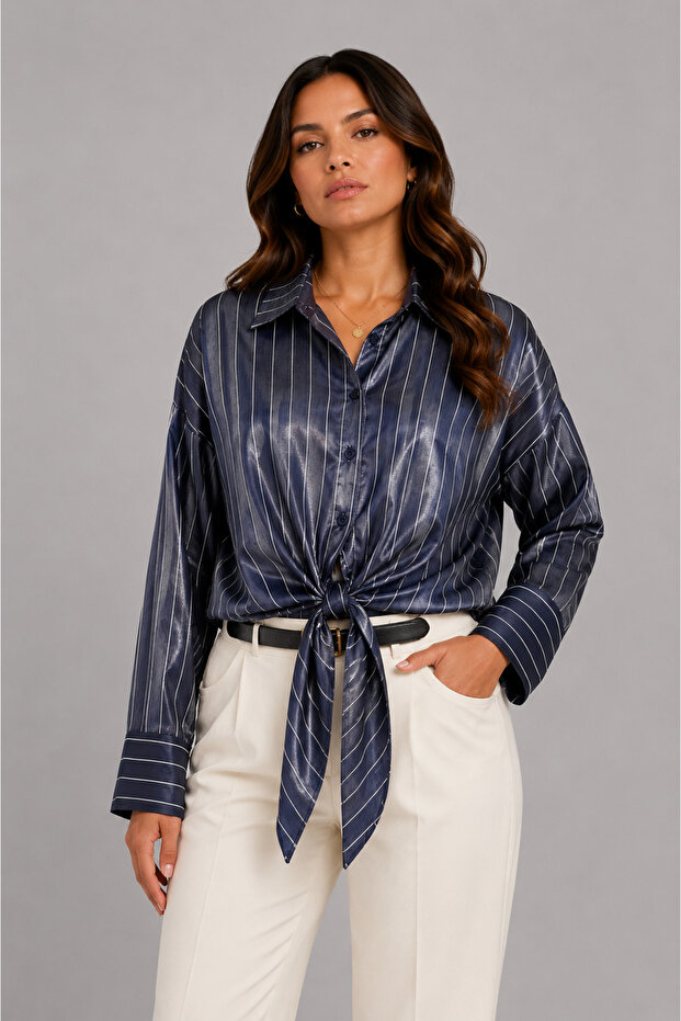 Women's Satin Look Striped Long Sleeve Oversize Shirt - Navy Blue