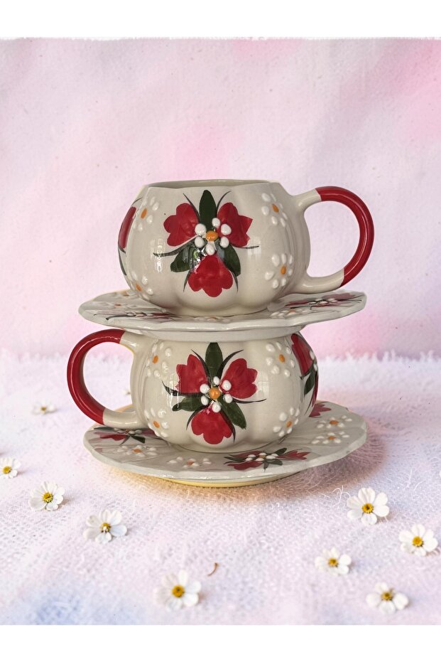 Pumpkin Mug Red Crocus Flower 2-Piece Mug Set with Saucer Hand-Decorated Ceramic
