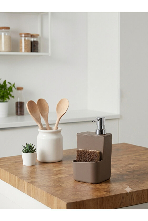 400 ml Liquid Soap Dispenser with Sponge Compartment | Pump Soap Dispenser for Kitchen and Bathroom - Brown