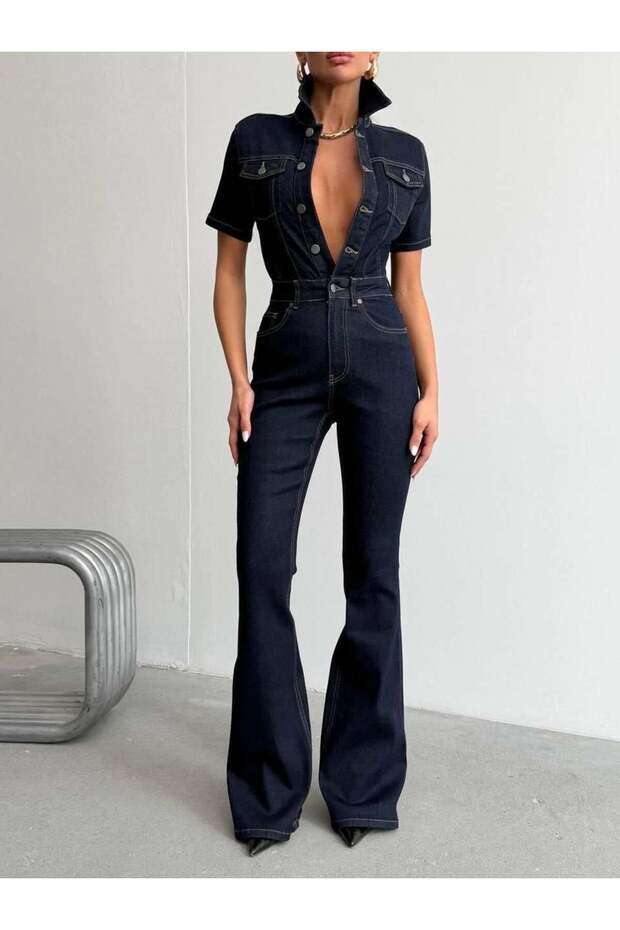 Women's Short Sleeve Spanish Flare Denim Jumpsuit