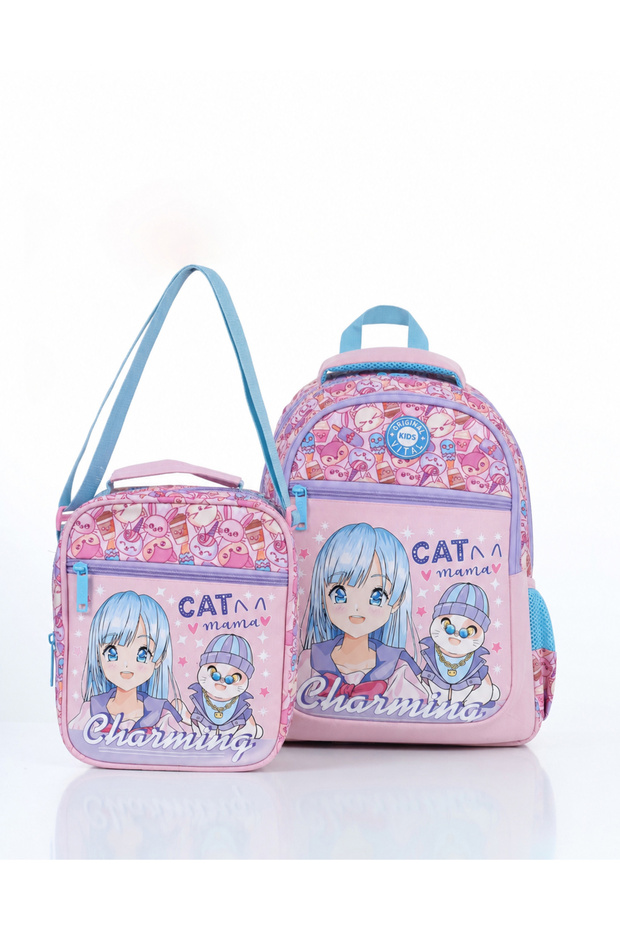 Vital Series Pink Blue Girl's Cat Anime Patterned Lunch and School Bag Set