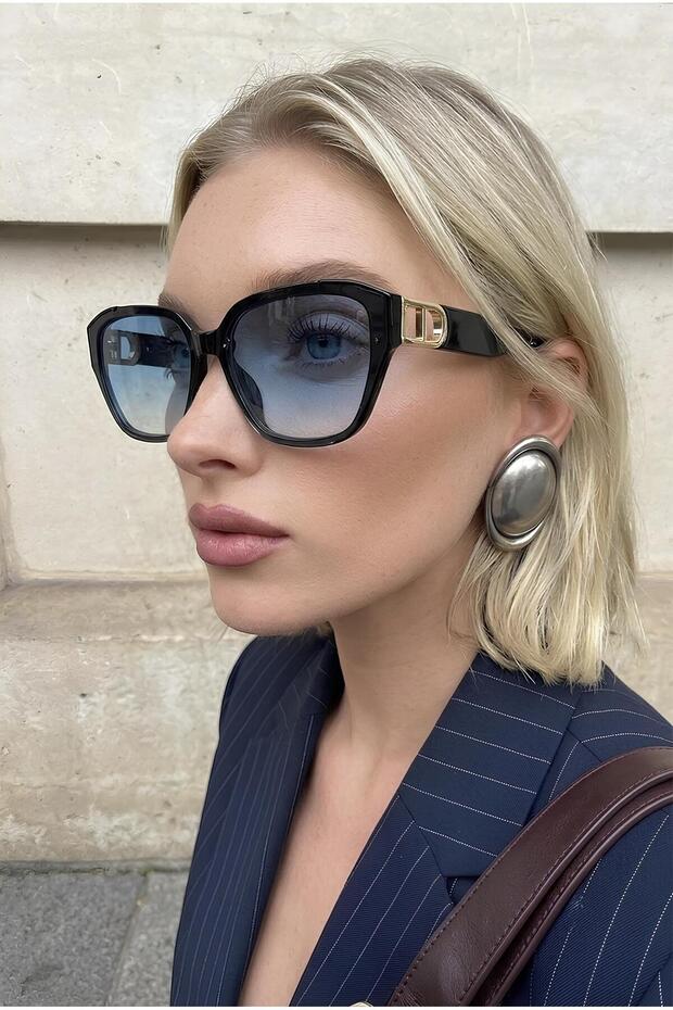Bamboo Geometric Frame Black Gradient Glass Ultra Light Uv400 Filter Blue Indigo Women's Sunglasses