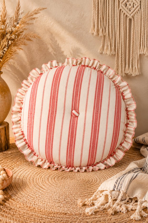 45 cm Round Linen Decorative Throw Pillow with Silicone Filling, Ruffled Red Stripes and Button Detail