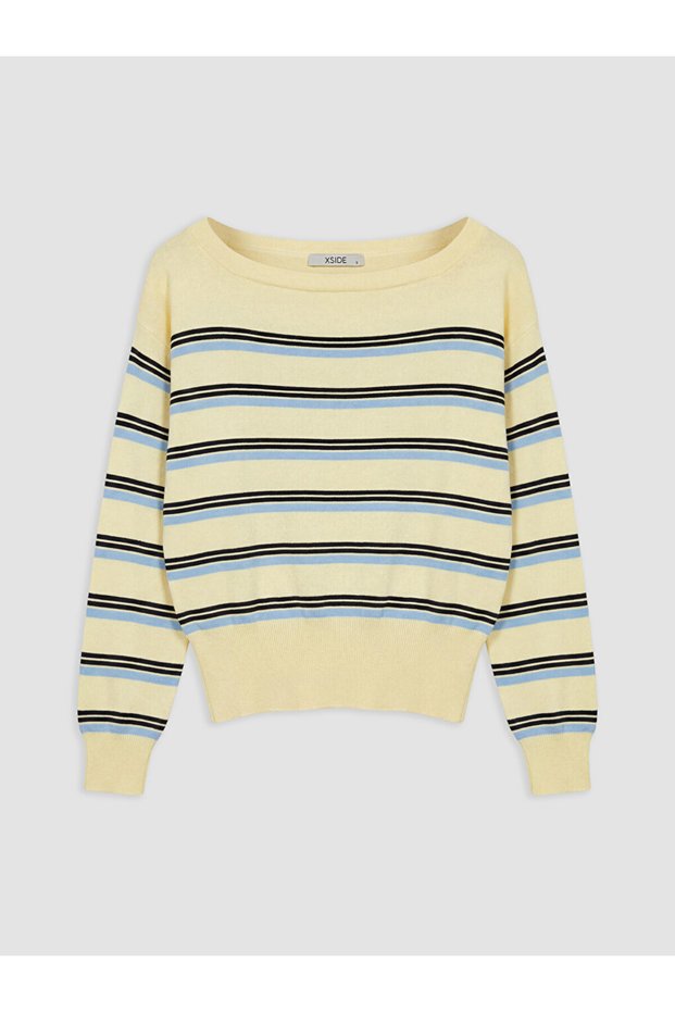 Yellow Boat Neck Striped Women's Knitwear Sweater
