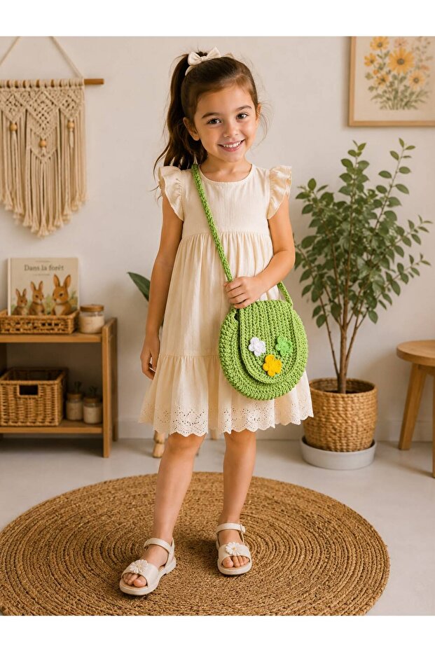 Hand Knitted Butterfly Detailed Cotton Macrame Children's Shoulder Bag