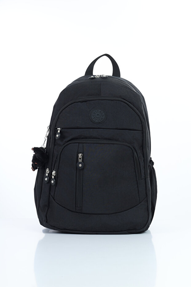 Vital Series Waterproof Black Crinkle Fabric Multi-Compartment Casual Backpack - Stylish School and Travel Bag with Plush Accessories