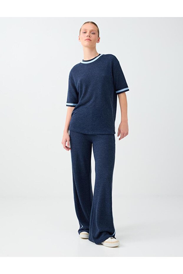 Navy Blue Striped Detailed Knitted Trousers with Elastic Waist