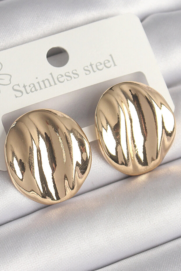 Brass Gold Color Embroidered Circle Plate Model Women's Earrings