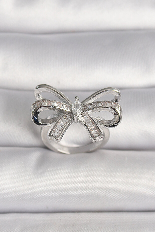 Brass Silver Color Adjustable Zircon Stone Ribbon Model Women's Ring