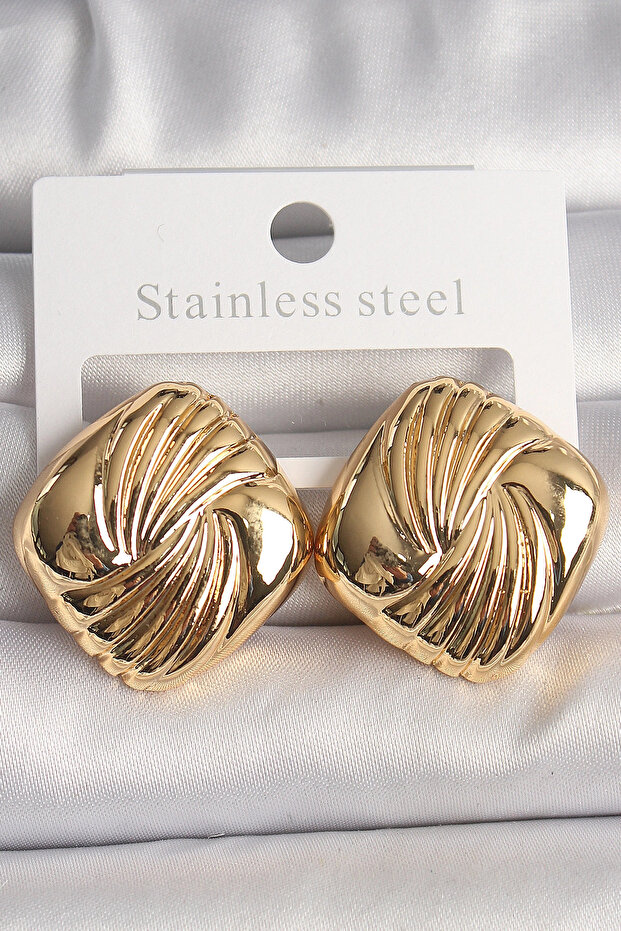Brass Gold Color Embroidered Square Model Women's Earrings