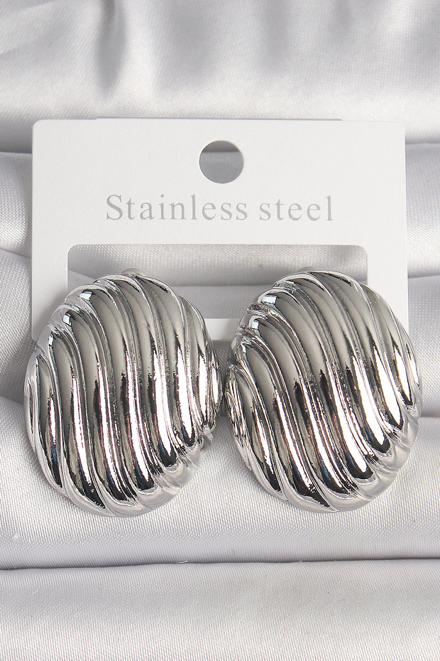 Brass Silver Color Embroidered Oval Model Women's Earrings