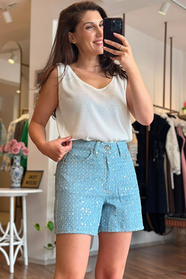 Light Blue High Waist Sequined Denim Shorts