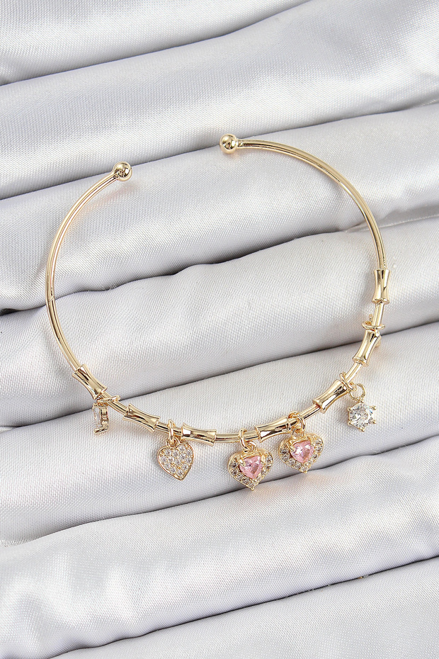 Brass Zircon Stone Pink Heart Model Gold Color Charm Bracelet