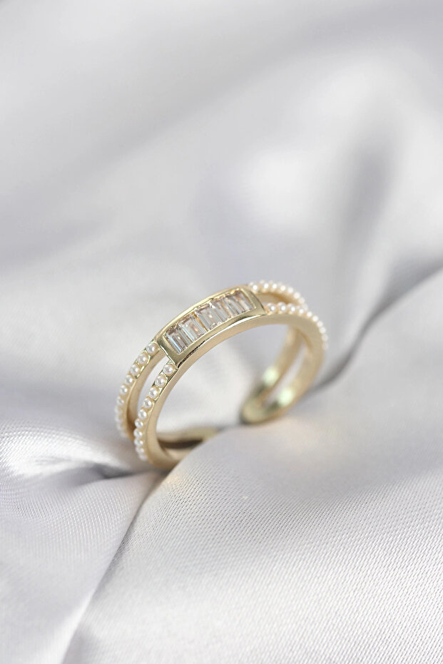 Baguette Zircon Stone Gold Color Pearl Women's Ring