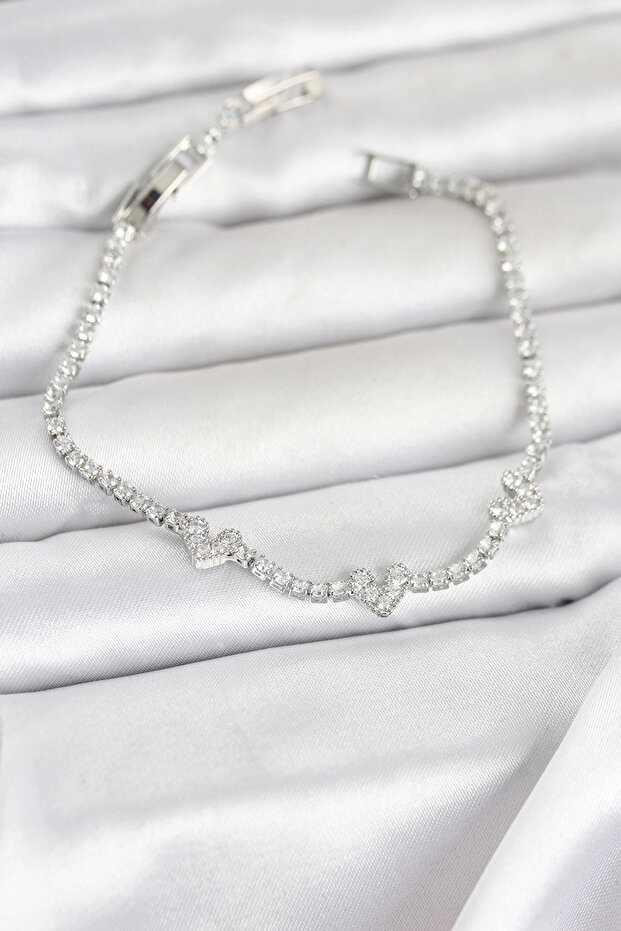 Brass Silver Color Heart Model Zircon Stone Waterway Women's Bracelet