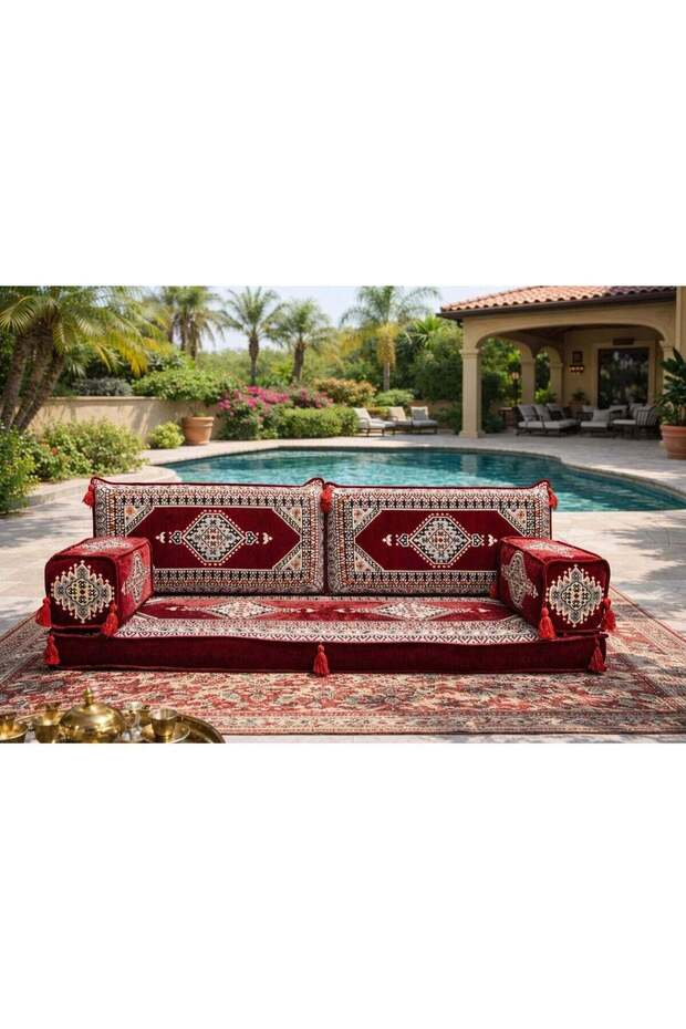 Arabic Majlis Floor Sofa, Red, Bohemian Style, Embroidered Geometric Pattern with Tassels