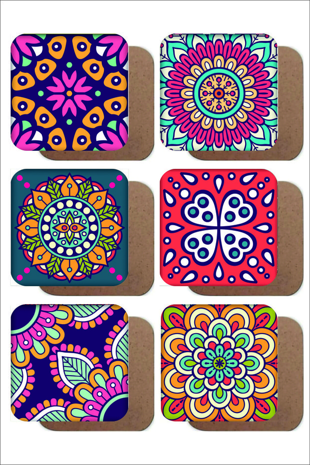 Mandala Themed Vintage Set of 6 Wooden Coasters