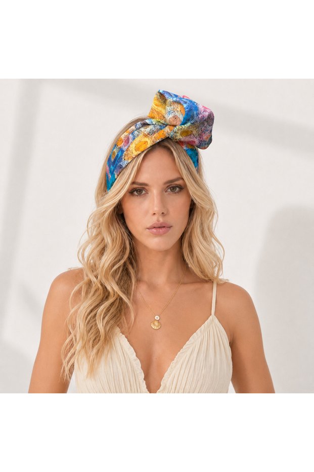 Blue Yellow Oil Painting Patterned Wire Hair Band | Blue Yellow 3D Textured Shapeable Bohemian Women's Bandana