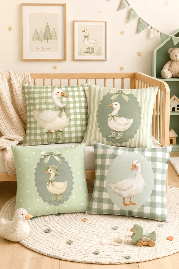 Set of 4 Children's and Baby's Throw Pillow Covers with White Ducks Pattern on Green Background