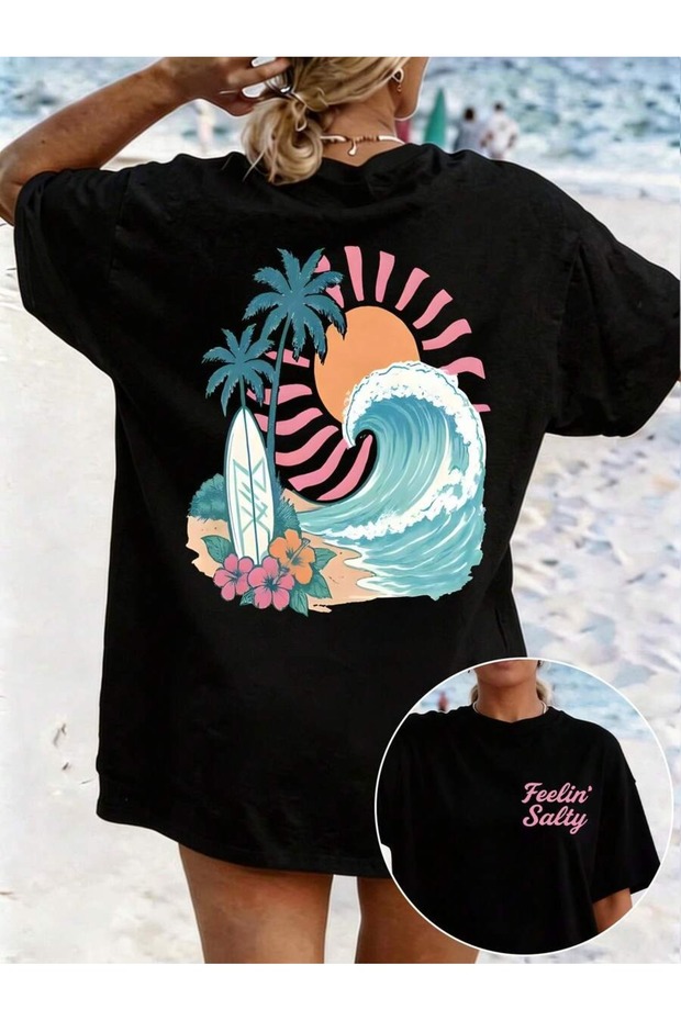 Feelin' Salty Printed Oversize Crew Neck Summer T-Shirt