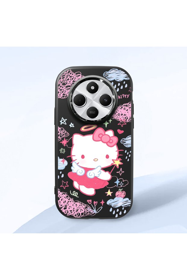 Redmi 14C Compatible Case with Camera Protector Black Silicone Couple Phone Case with Kitty Pattern