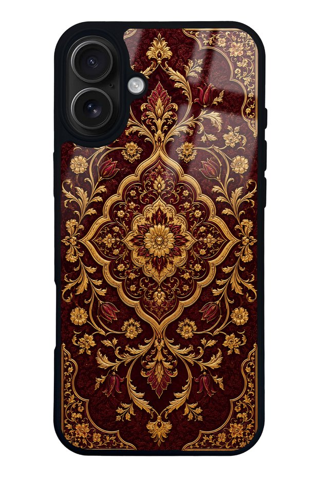 iPhone 16 Plus Burgundy Ottoman Gold Design Glossy Phone Case
