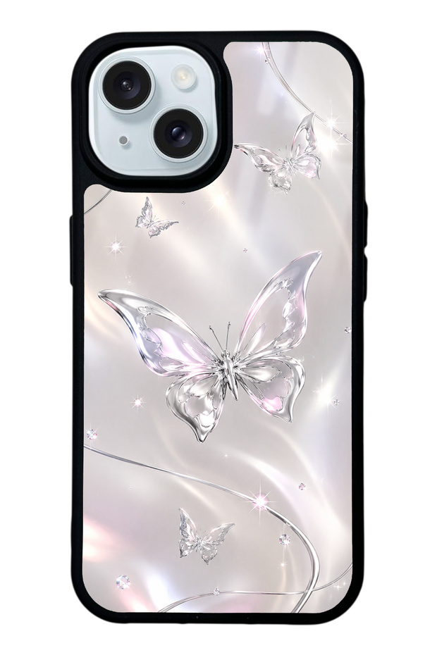 iPhone 15 Crystal Whisper Butterfly Design Glossy Phone Case