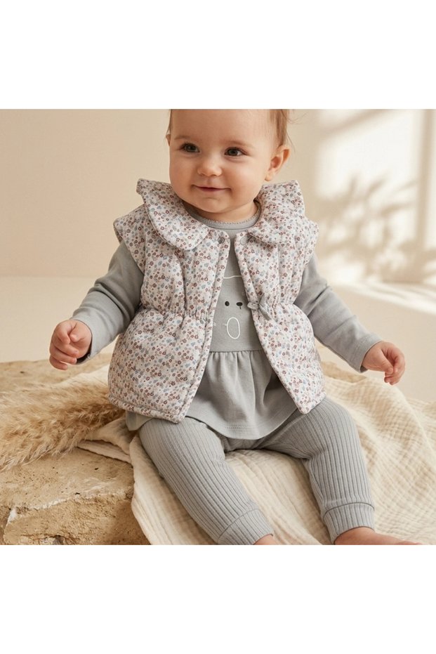 Mia Baby Girl Pink Floral Puffy Vest Triple Combination Set - Cotton Rabbit Print Tunic and Trousers