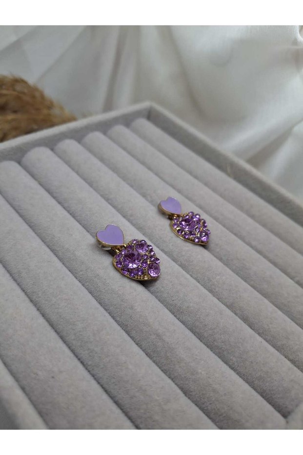 Double Heart Dangle Earrings with Lilac Enamel and Purple Stones