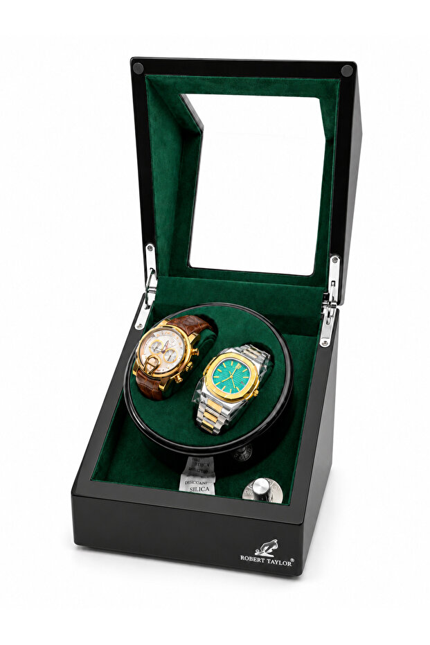 Watch Winder Brooklands Collection 2 Slot Ultra Quiet Automatic Watch Winding Box (Piano Black & Alcantara British Green)
