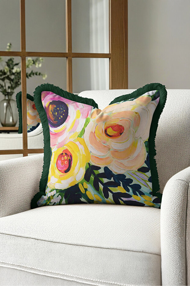 Floral Design Spring Breeze Fringed Pillowcase-Bohemian Pink Green Black Tassel Throw Pillow Cover