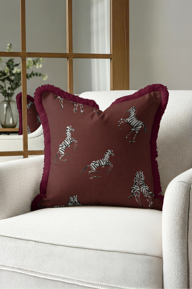 Exotic Zebra Pattern Safari Fringe Pillowcase - Animal Themed Bohemian Tassel Throw Pillow Cover