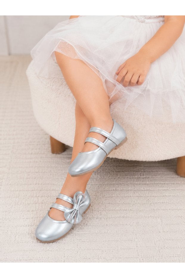 Trendy Girls' Gray Ribboned Orthopedic Sole Ballet Flats