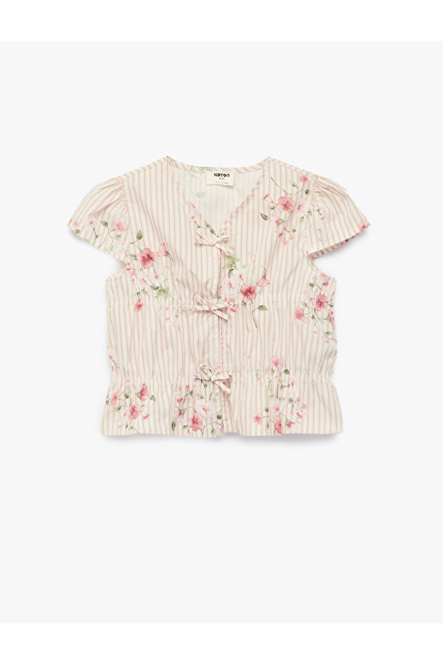 Cotton Bowknot V-Neck Short Sleeve Floral Print Striped Blouse