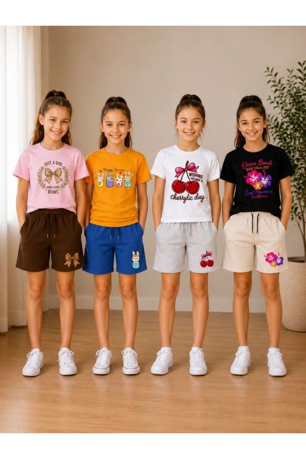 Armikids Girls' 4-Piece Summer Shorts Set Multi-Color Printed Set