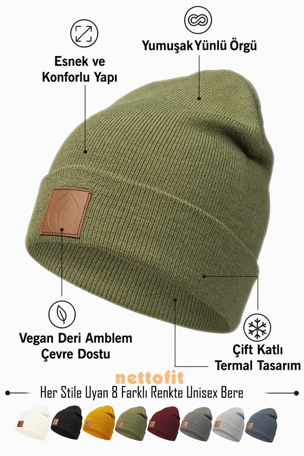 Unisex Winter Leather Label Detailed Khaki Wool Beret