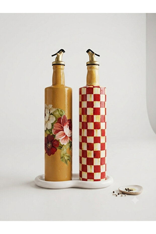 Large Size Set of 2 Glass Oil and Vinegar Bottles Set 750 ml - Handmade Red Flower and Red Checkered Patterned Set