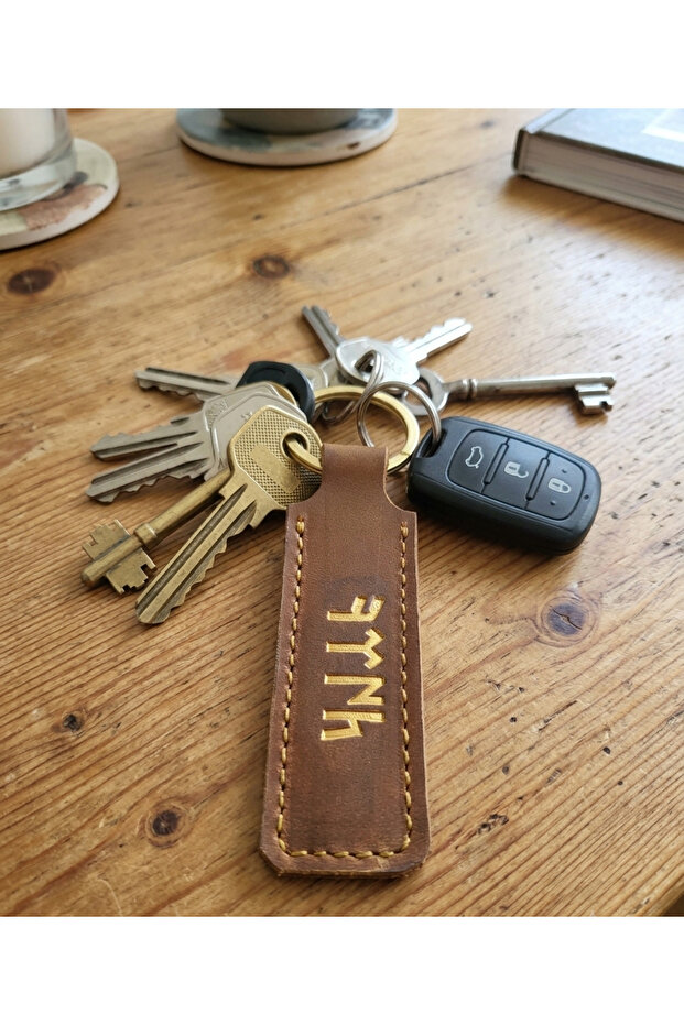 Genuine Leather Gold Gilded Göktürkçe Turkish Printed Keychain with Stitching Detail