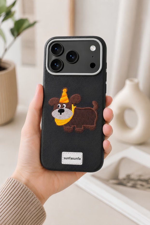 iPhone 17 Pro / 18 Pro Compatible Leather Look Silicone Cover with Embroidered Hat and Dog Figure