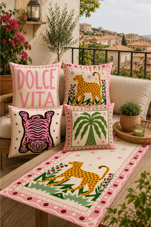 Bohemian Leopard Patterned 4-Piece Throw Pillow Cover and Runner Set – Modern Living Room & Balcony Decor