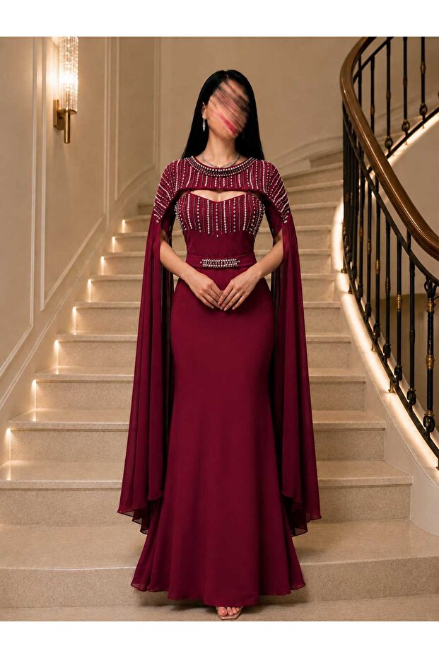 فستان سهرة ماكسي بورغندي مرصع بكاب شيفون فاخر