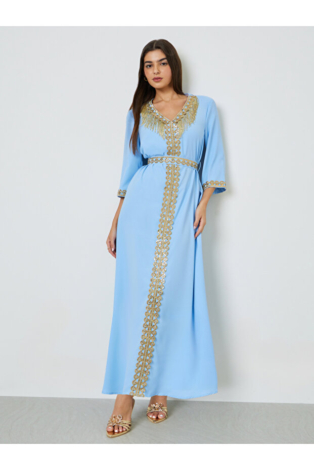 Blue V Neck Golden Embroidery A-Line Kaftan