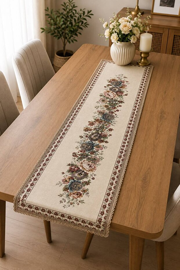غطاء طاولة قهوة مستطيل الشكل من Vintaqe Bouquet Şönilli Goblen مقاس 40x140 - Runner